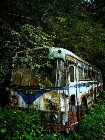 an old bus parked in the jungle by some trees