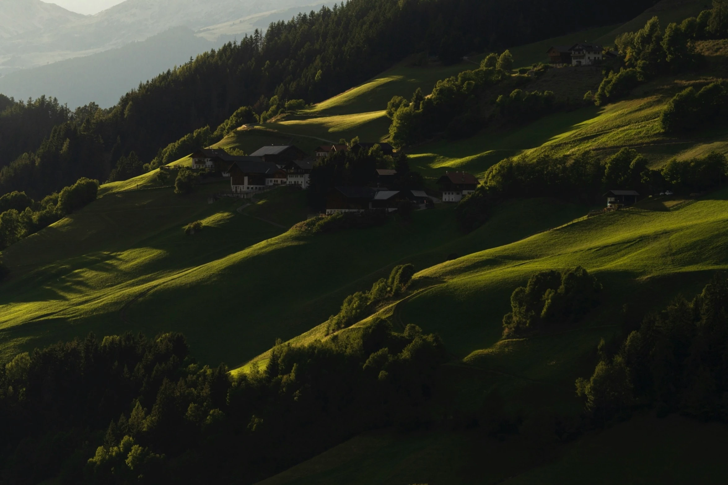 a hillside with houses on the side, and trees in the foreground