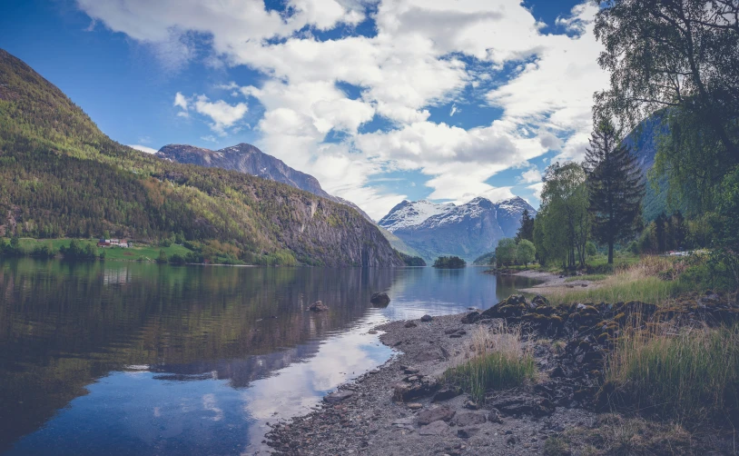 a lake surrounded by mountains and trees under a cloudy sky