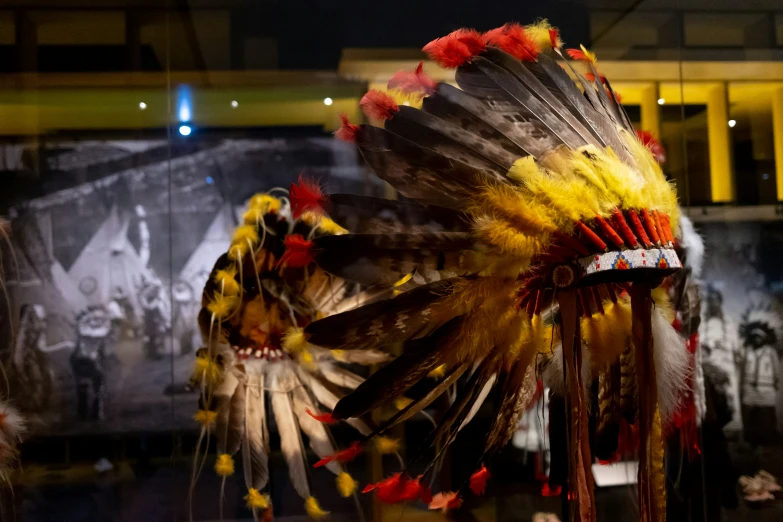 a head dress with feathers and jewels sits next to other objects