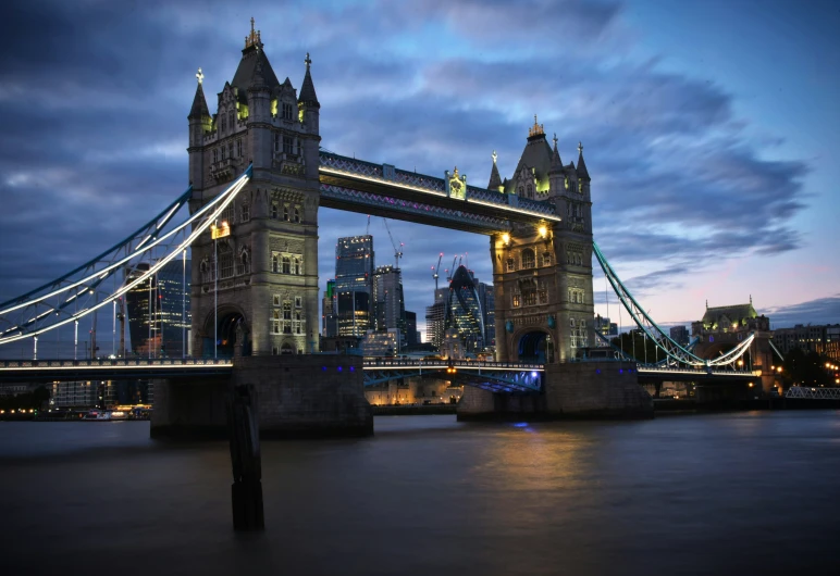 the view of a bridge in a city from the water