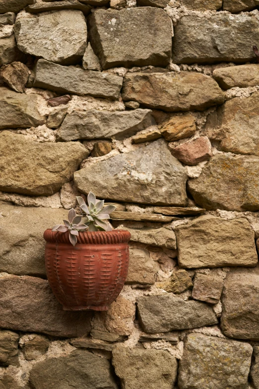 there is a red pot on the stone wall