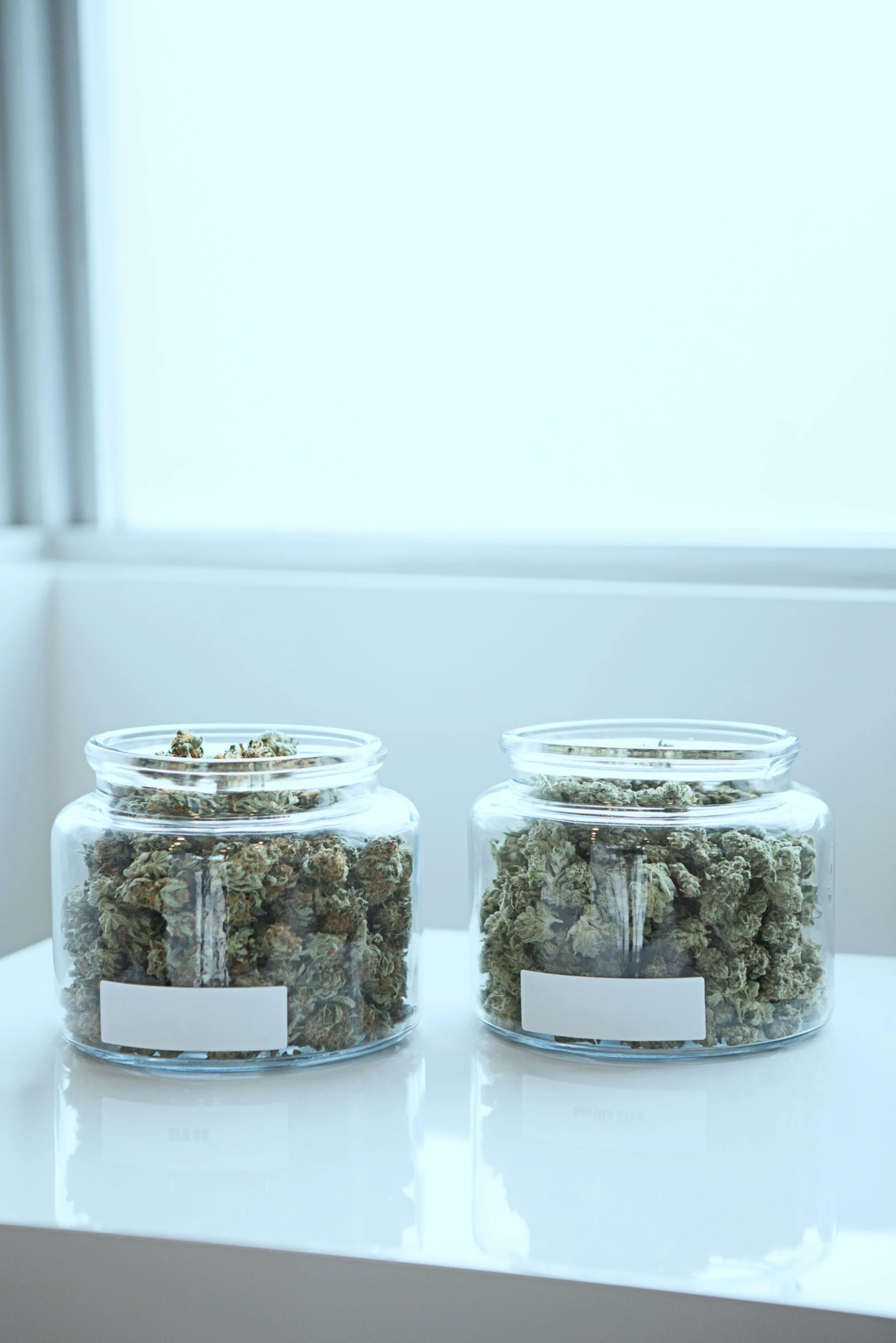 two glass jars filled with different types of marijuana