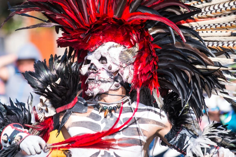 a person wearing a skull face paint and feathered feathers