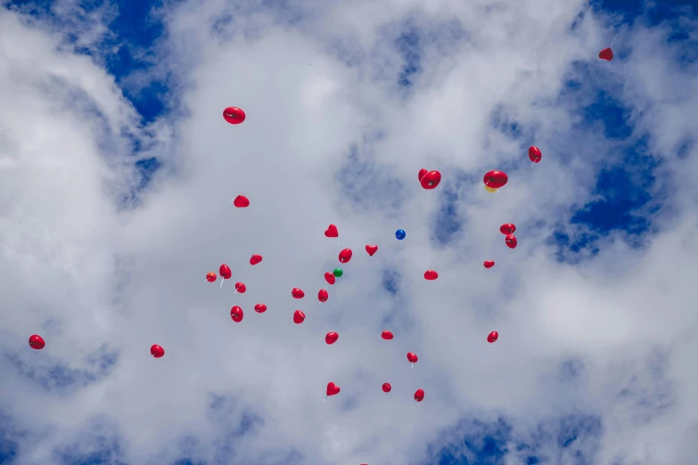 the balloons are being released in the blue sky