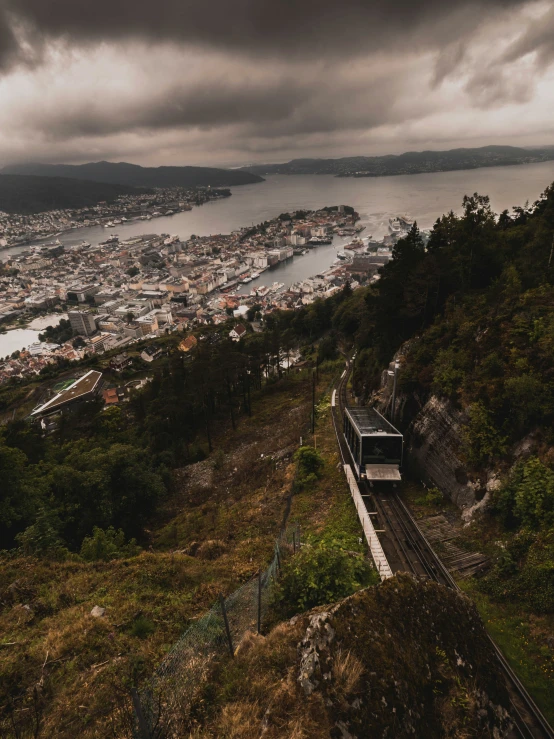 the train is near the steep side with a large body of water