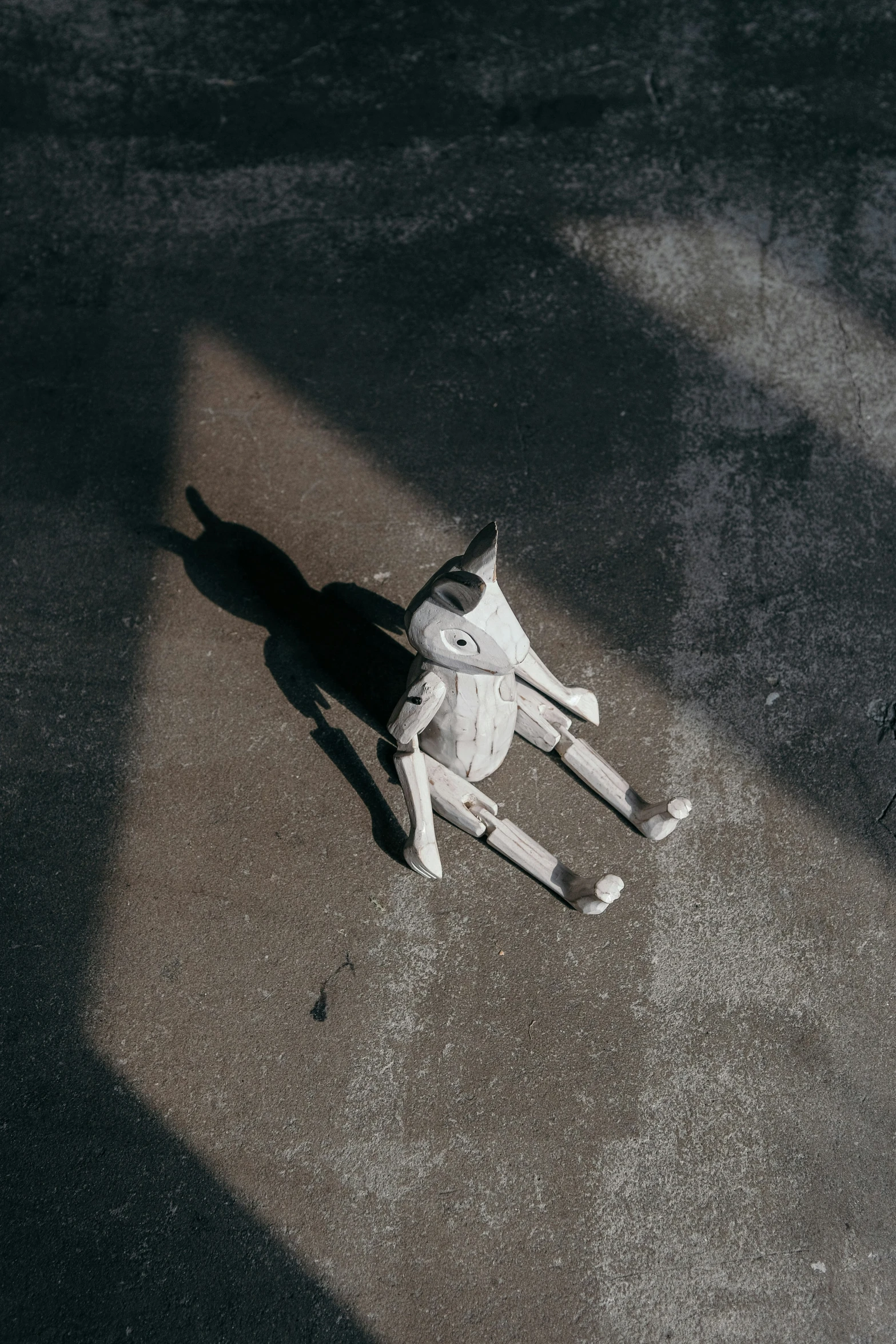 a stuffed animal lying on the floor, it's shadow cast