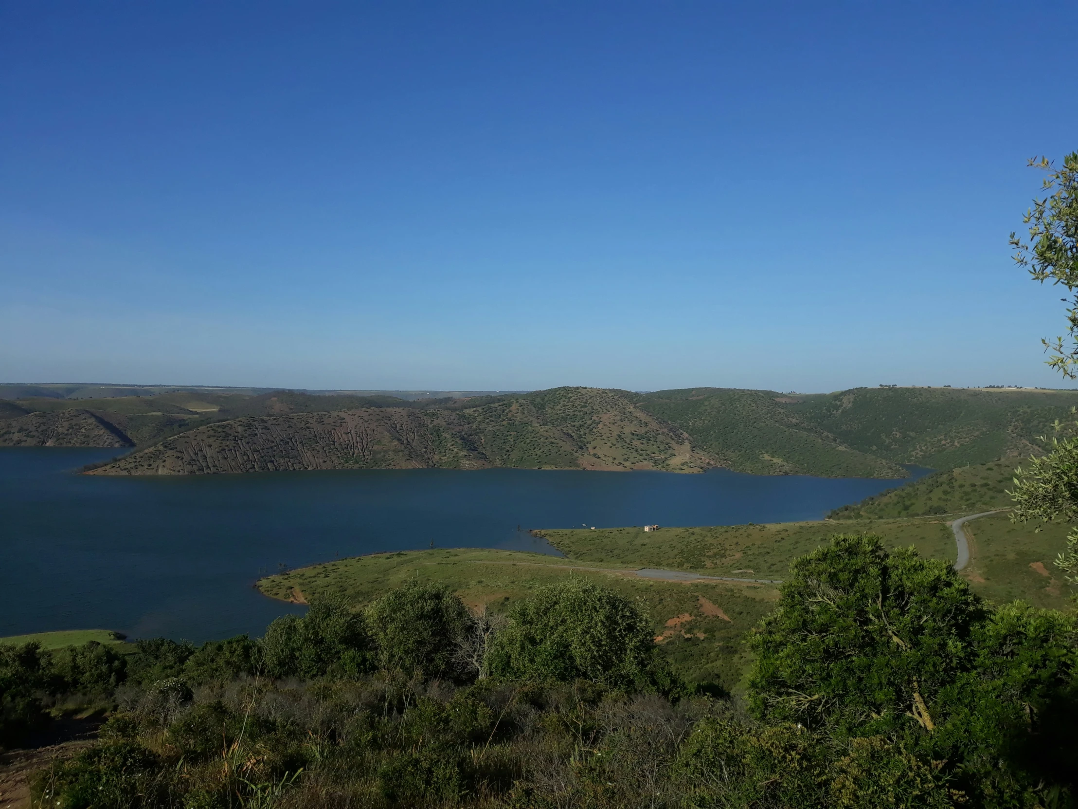 a view of a lake with green trees around it