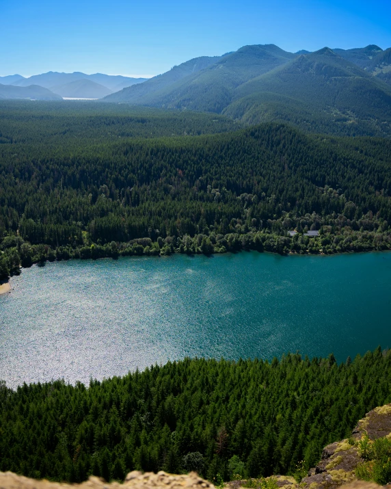 water is surrounded by forested mountains and trees