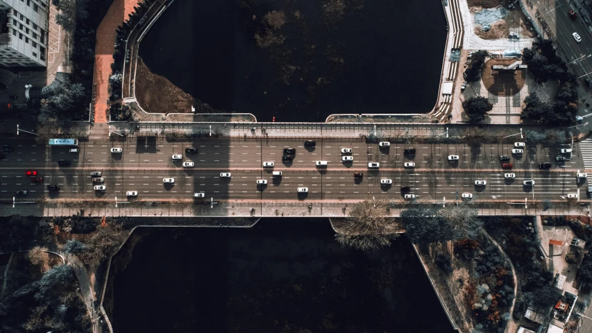 an aerial view of an overhead highway and roadway intersection