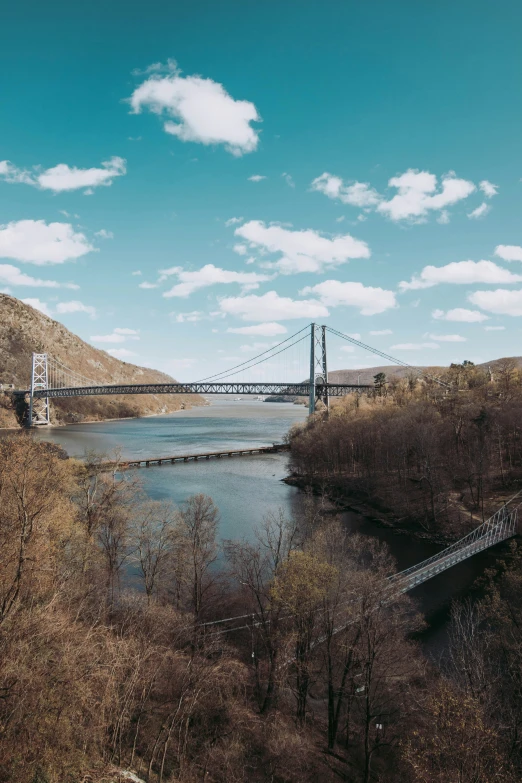 a large bridge is crossing the water over land