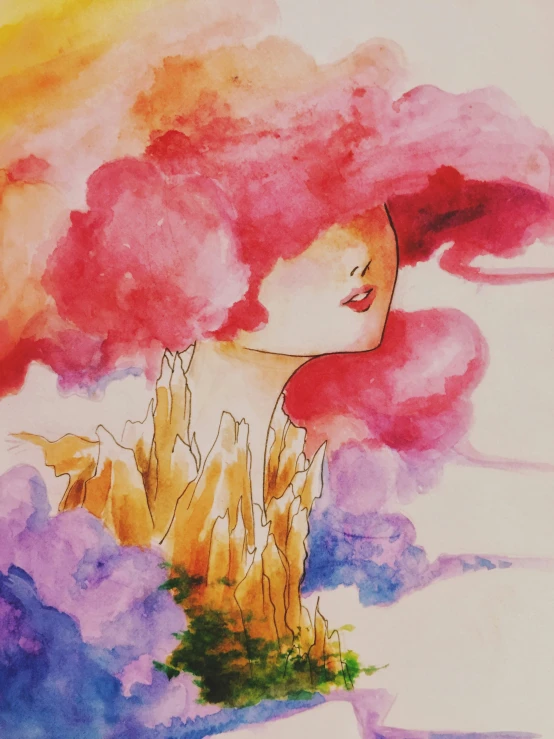 a woman with red hair sitting in front of pink and purple clouds