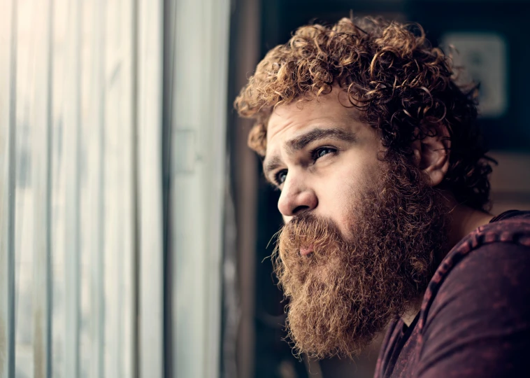 a man with long curly hair and a beard is staring off into the distance