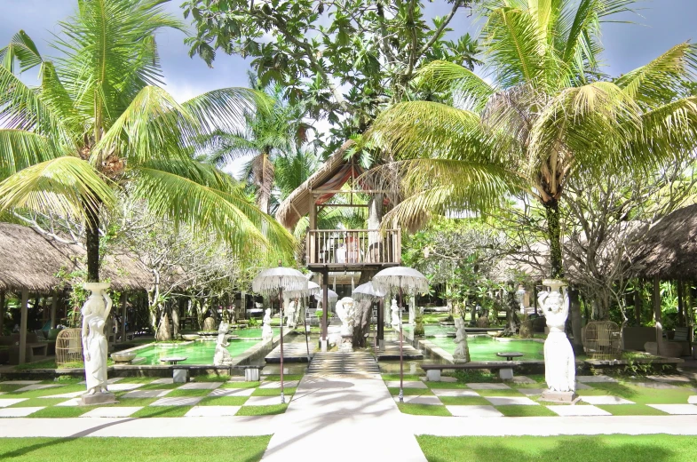 a checkered floor and lush green trees with umbrellas