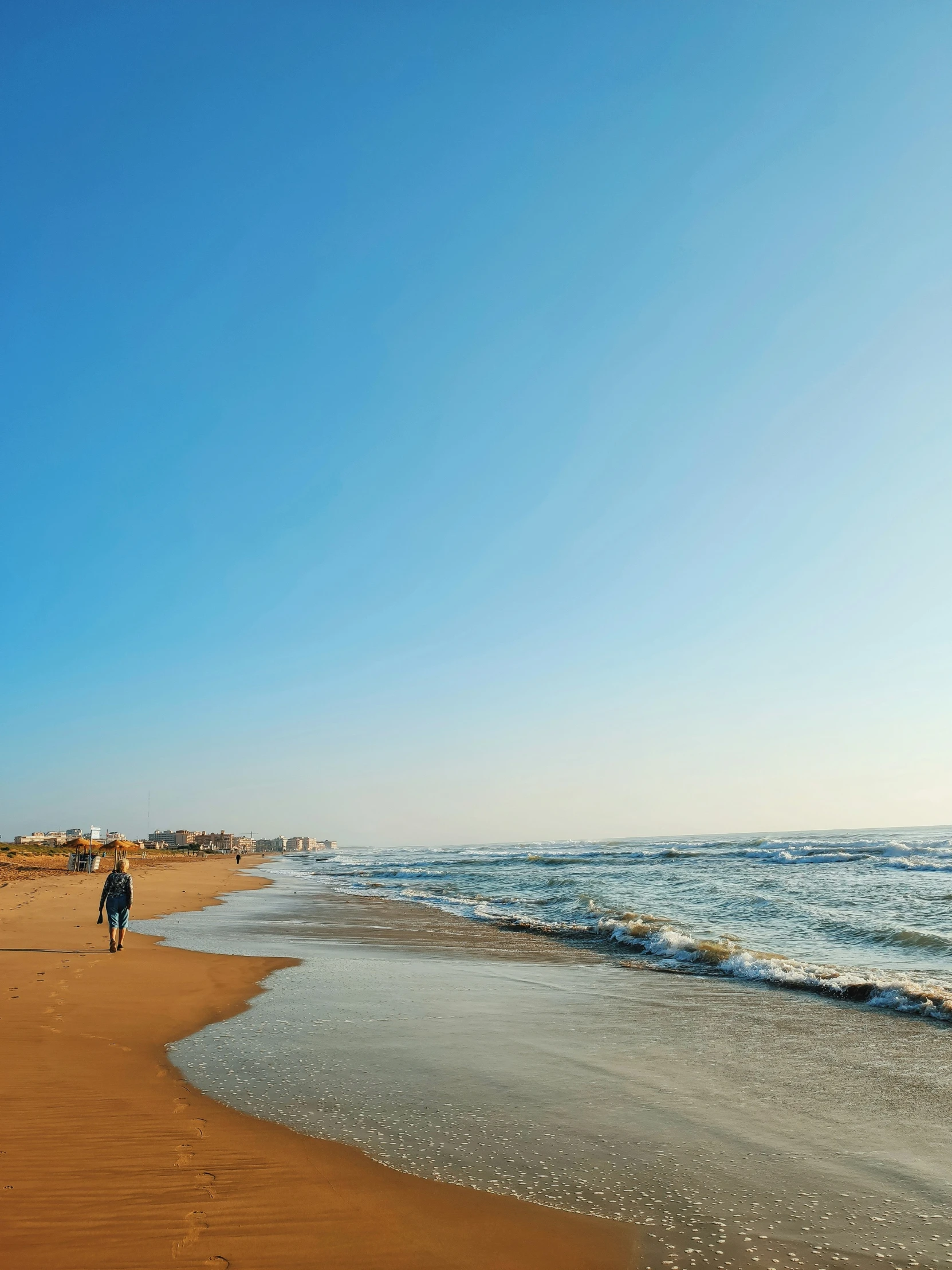 two people walking on the beach with a kite