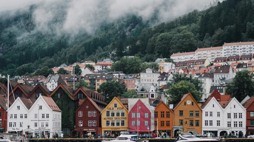 a city sits on the shore with a mountain in the background