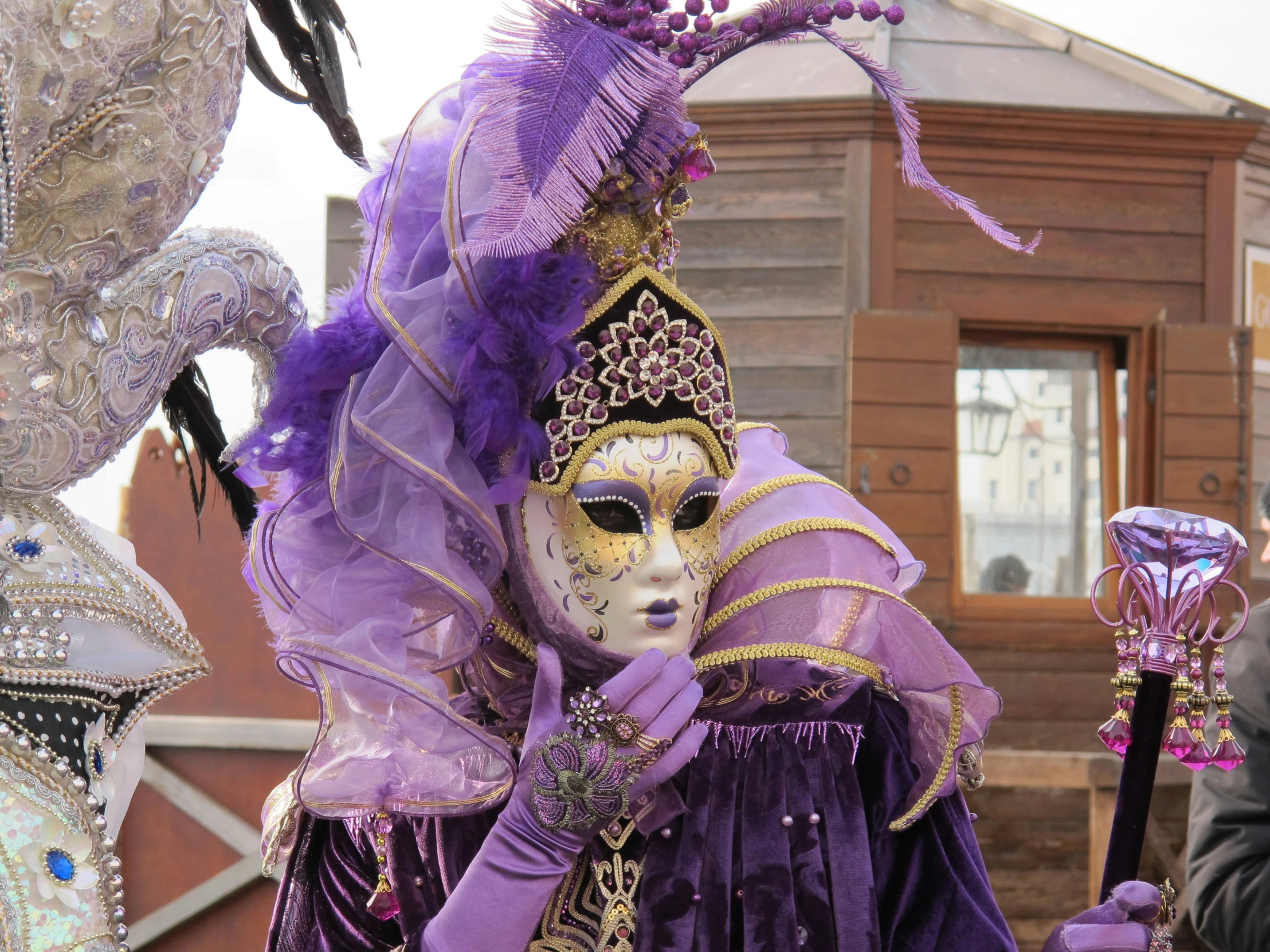 a costumed woman wearing a fancy purple and gold mask