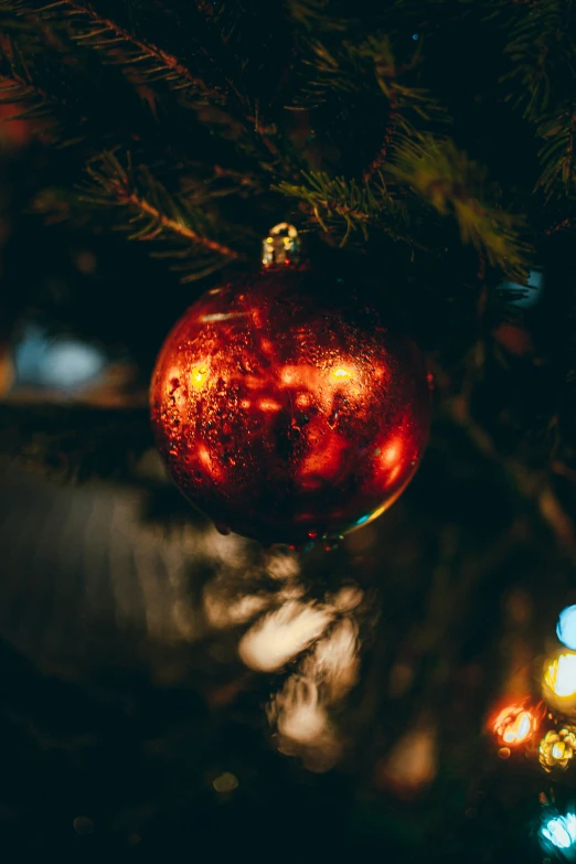 the red ornament on the christmas tree is hanging from the tree