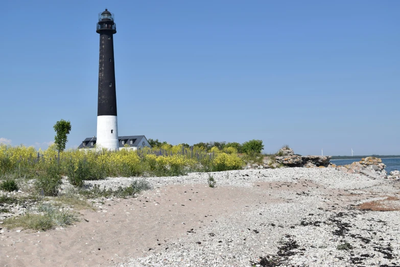 the lighthouse is perched on a small cliff