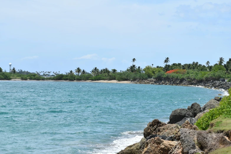 the large body of water has a long rocky shore