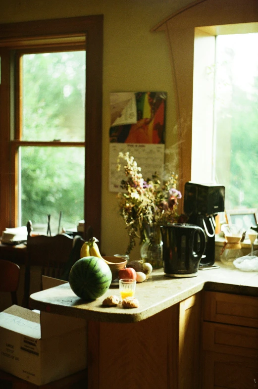 a kitchen counter topped with fruit and vegetables