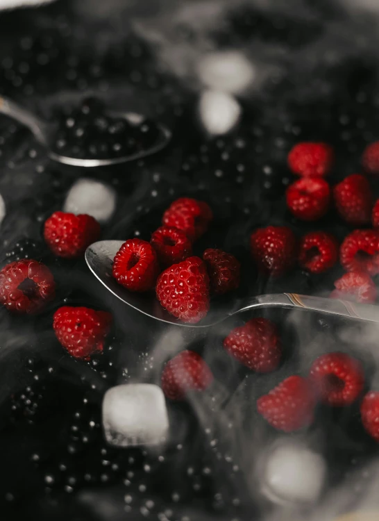 a spoon with raspberries inside of it