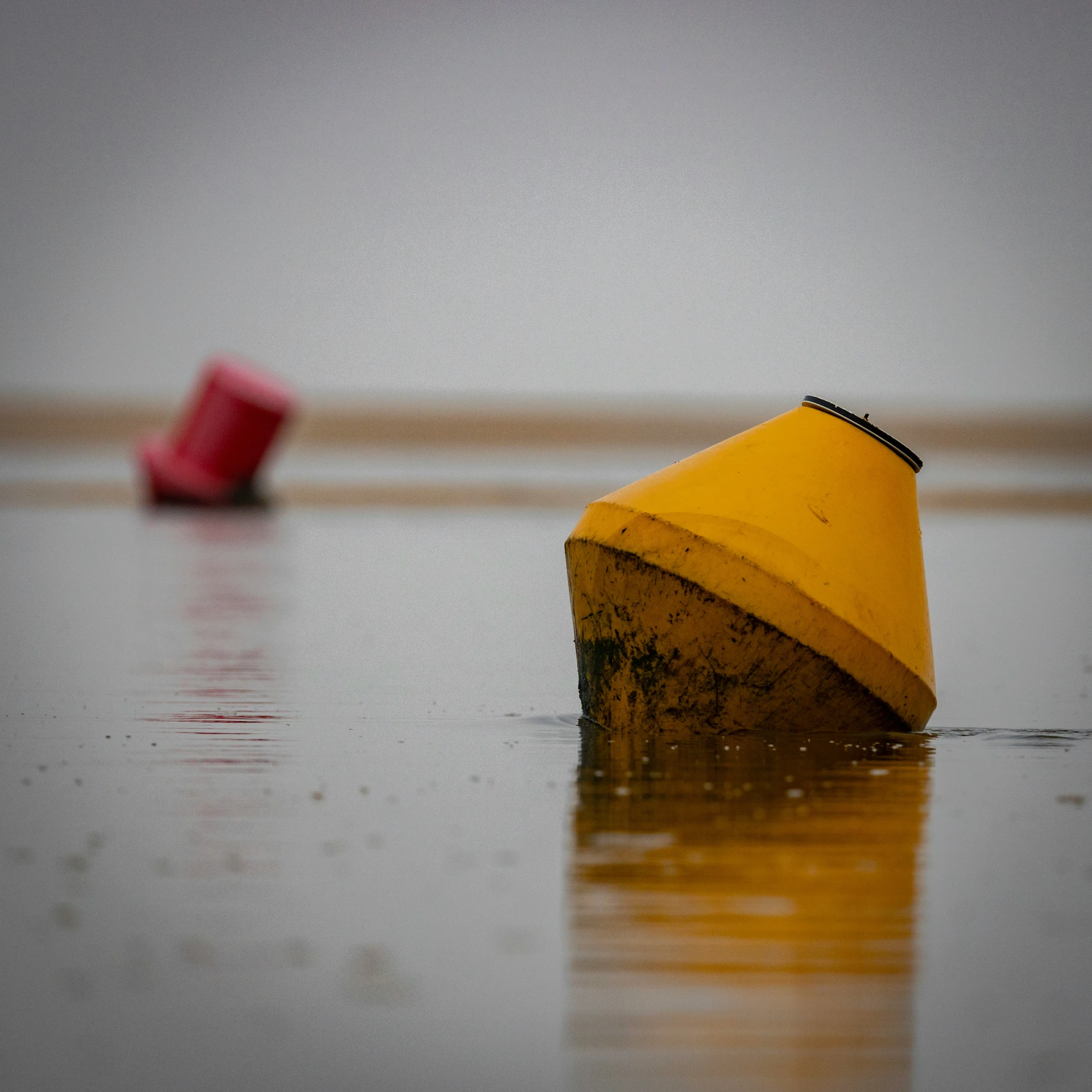 two colored object floating on water near each other