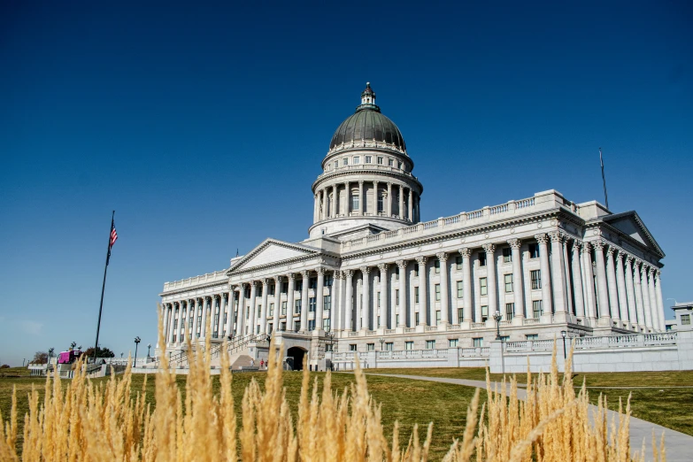 the capitol building stands tall and is on a bright, blue day