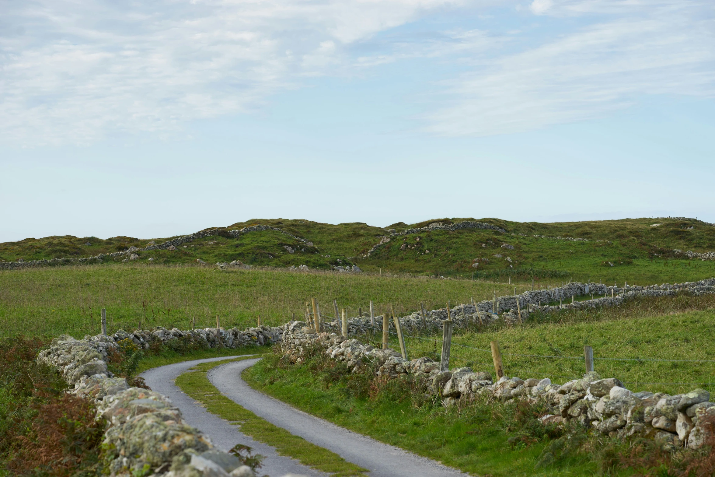 a winding road surrounded by grass and stone walls