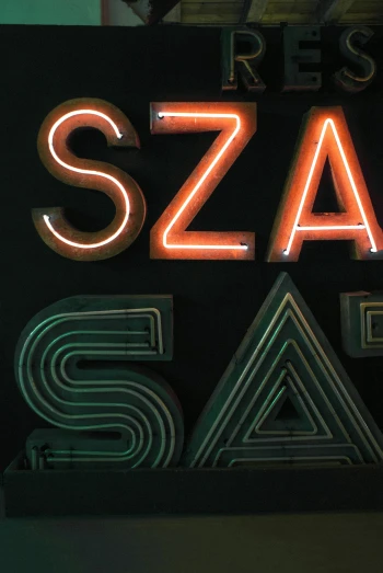 a neon sign on the side of a building saying szsa