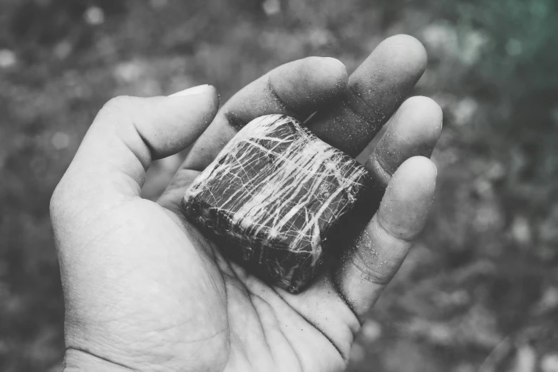 a hand is holding some kind of stone in the grass