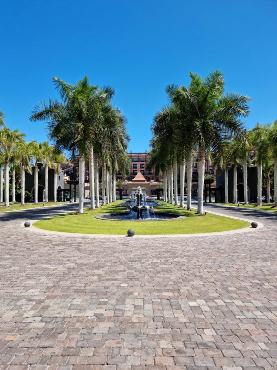 an empty park surrounded by palm trees and fountains