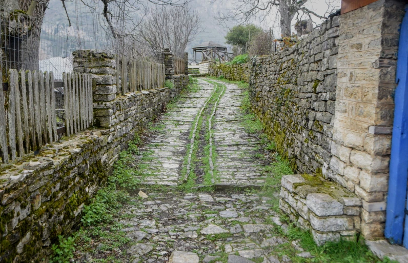 a stone path between two buildings near some trees