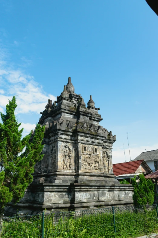 the stone clock tower stands tall among the lush green plants