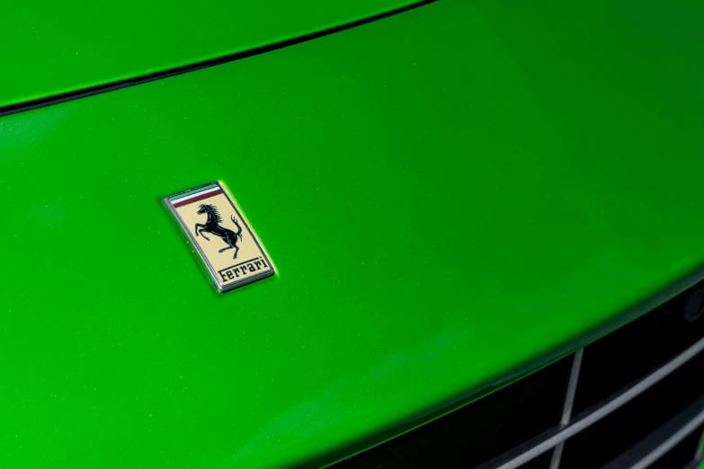 close up view of the hood and badge on a bright green ferrari