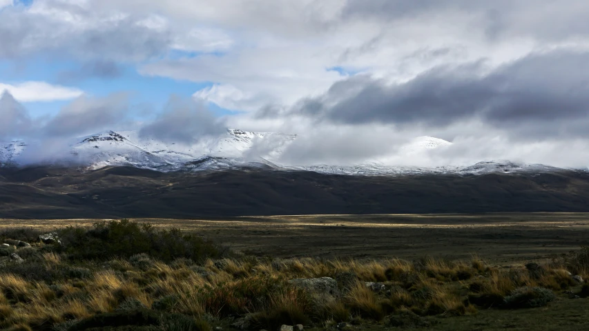 a small patch of grass next to mountains with bushes on each side