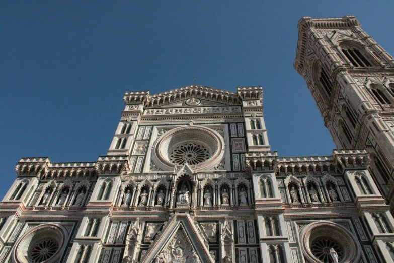 view of the side of a cathedral from below