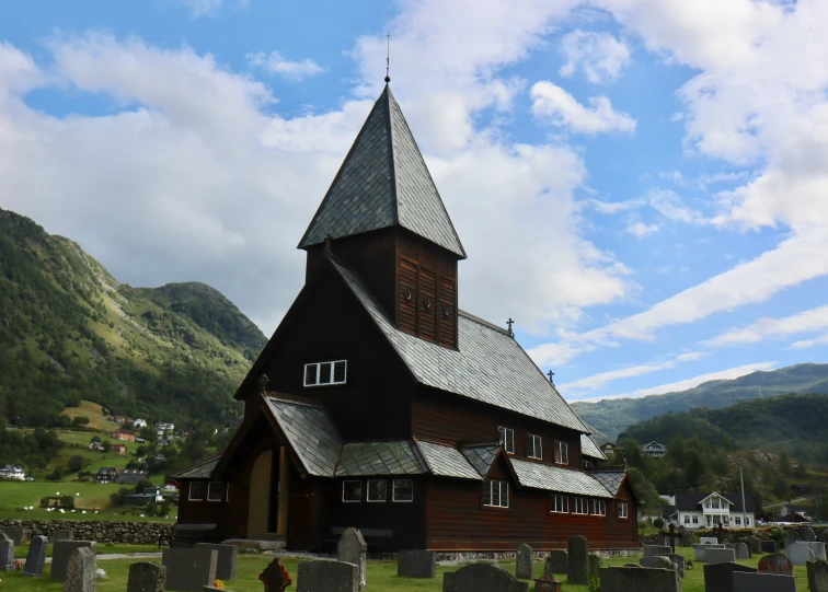 an old church is situated in a small cemetery