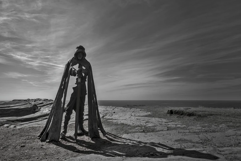 a statue made of wood on the edge of a beach