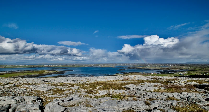 landscape with clouds over water and grass