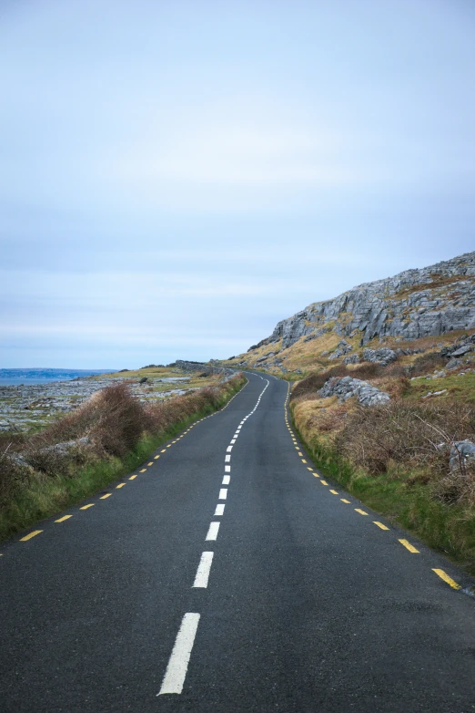 a empty road going through a small desert area