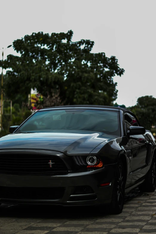 a black car sits parked near a curb