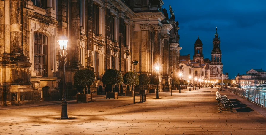 a street with some lights on at night