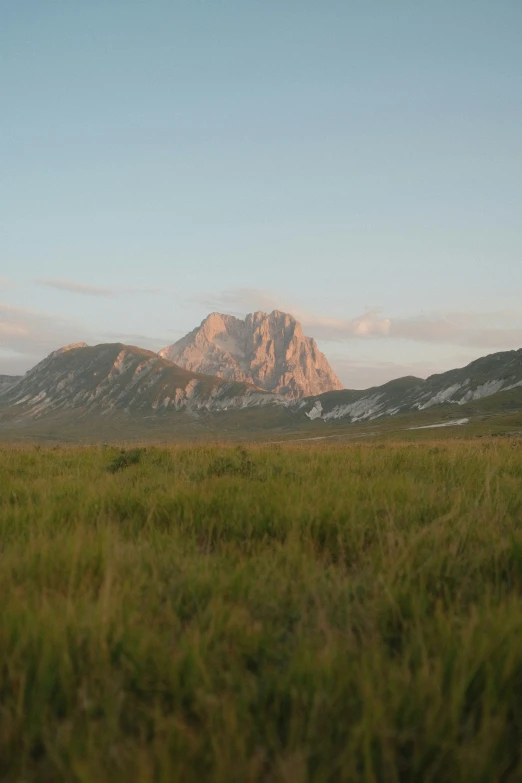 a distant, tall mountain rising in the background