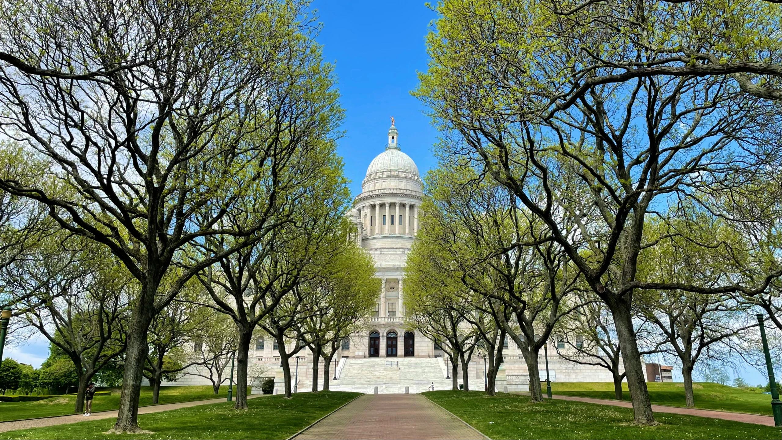 the capitol building surrounded by trees and green lawn