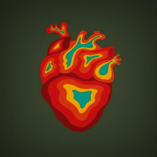 an artistic red and green heart with lots of small dots