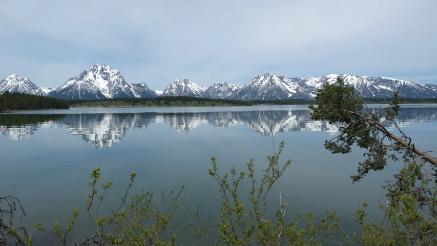this view of snow - capped mountains in the distance shows a calm, still lake