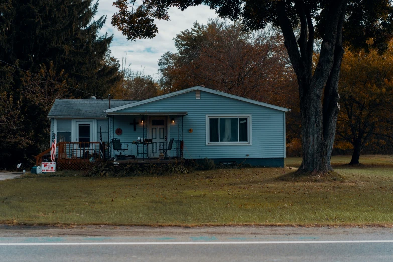 a house that is blue in the grass