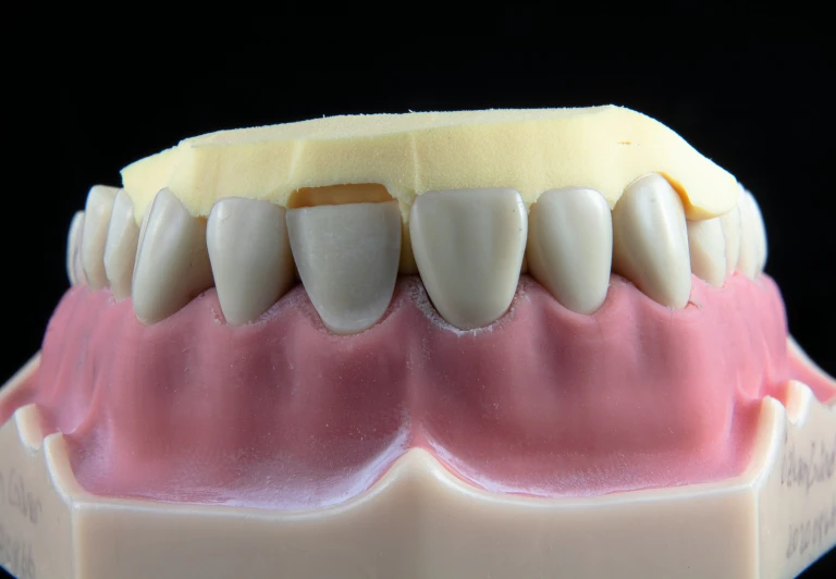 a dental model showing the teeth with yellow and pink fillings