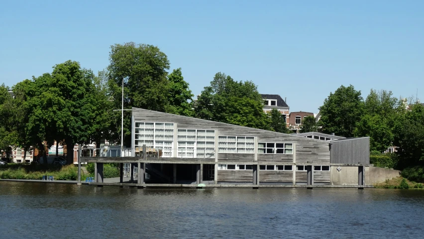 the view from across the lake of an office building